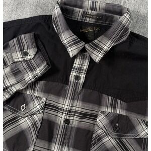 Helix Athletic Fit Men's Large Black Plaid Button Up Western shirt Elbow Patches